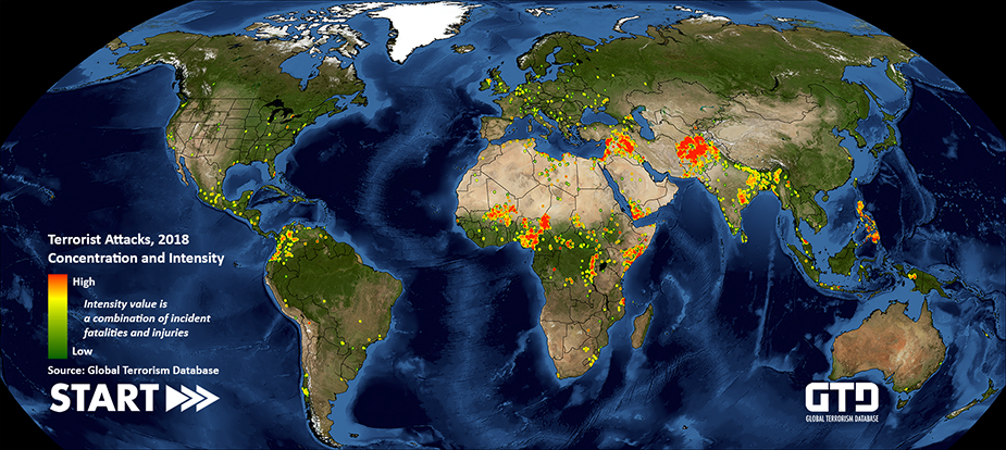 Heat map showing the concentration and intensity of terrorist attacks in 2018 from the GTD.