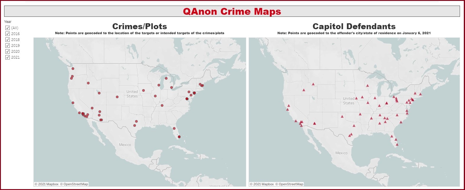 Two maps of USA with red dots indicating QAnon crimes